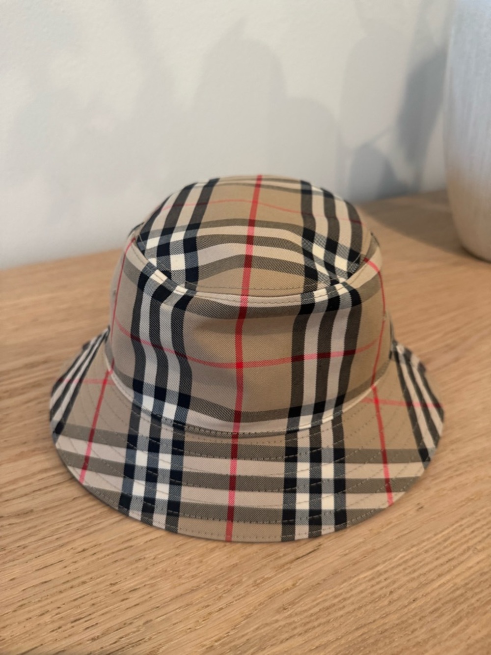 Burberry Beige Plaid Kids Bucket Hat with Black & Red Accents